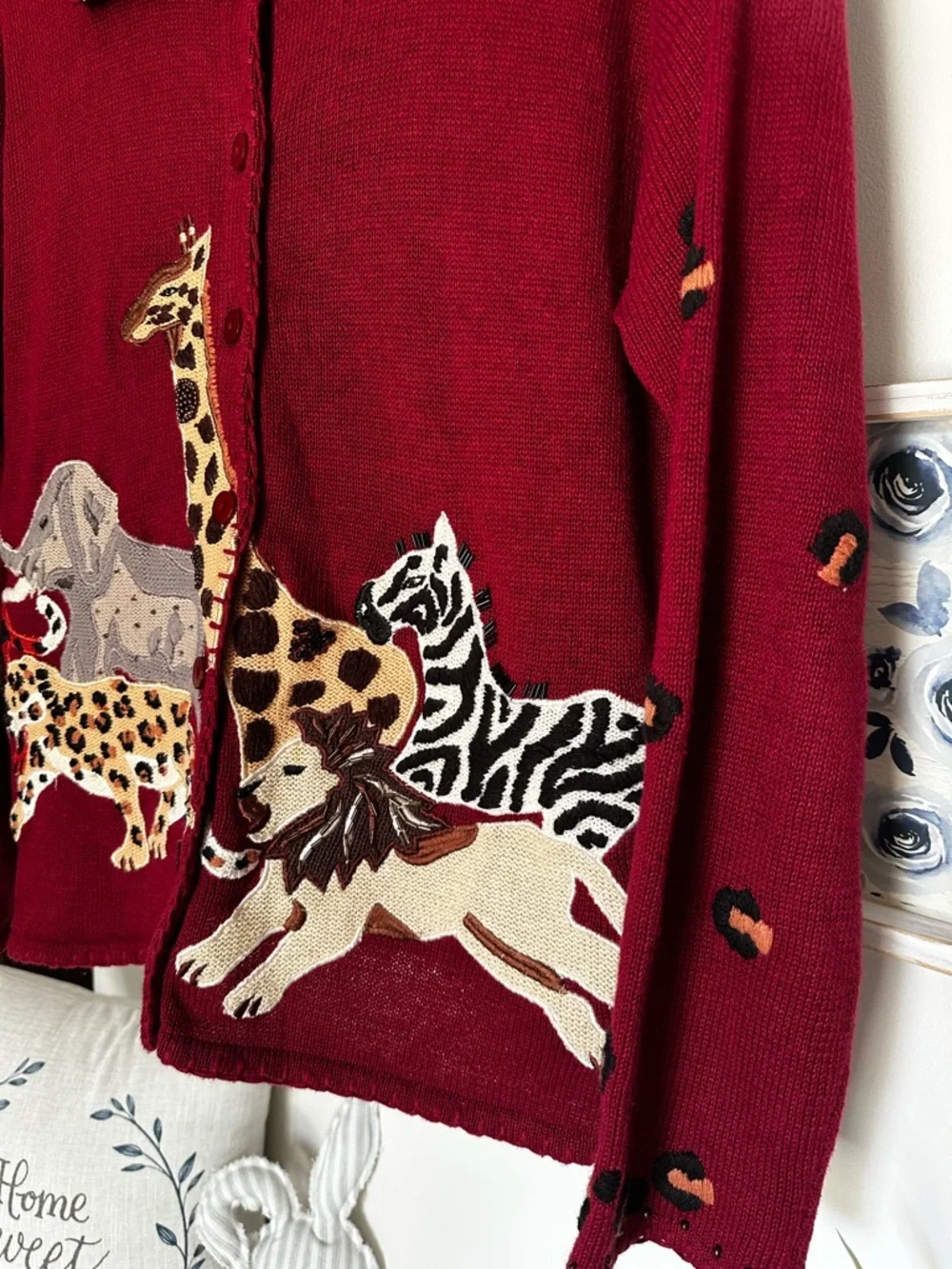 VTG Women's Burgundy Animal-Print Button Cardigan embroidered studded